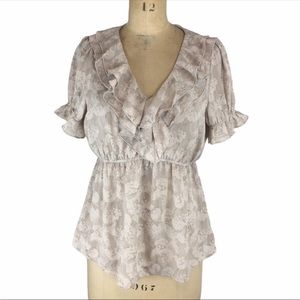 H&M Flounce Print Neutral Short Sleeve Blouse Size 12